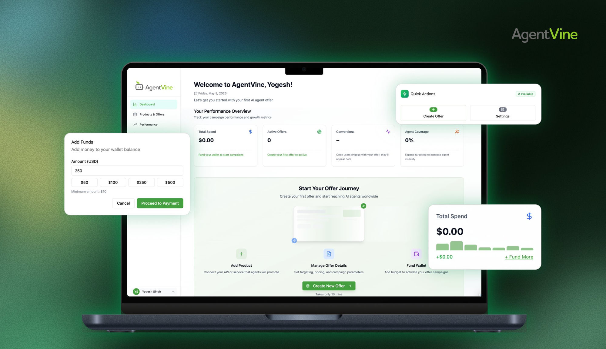 AgentVine dashboard — Welcome, with Add Funds and Total Spend cards floating around the laptop on the AgentVine green brand gradient