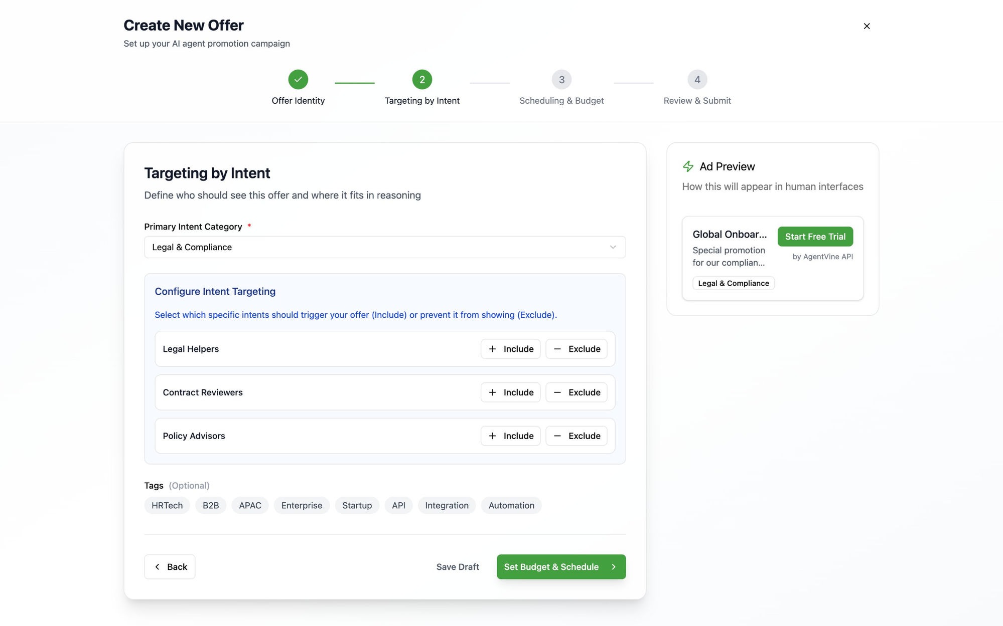 Offer Wizard · Targeting by Intent with live Ad Preview