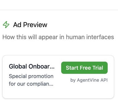 Ad Preview Card — Global Onboarding Toolkit · Start Free Trial · by AgentVine API