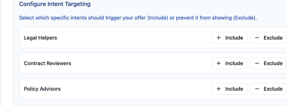 Intent Targeting — Legal Helpers, Contract Reviewers, Policy Advisors with Include and Exclude