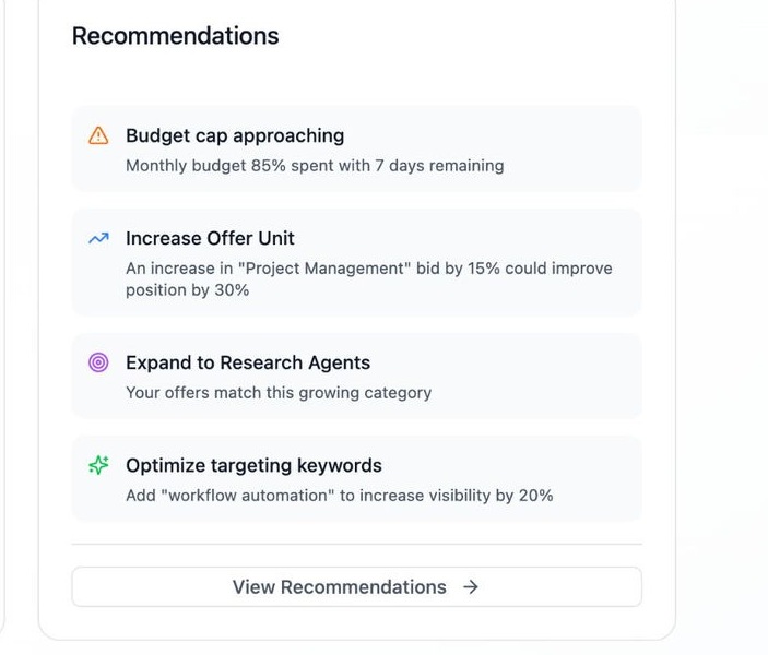 Recommendation Engine — Budget cap, Increase Offer Unit, Expand to Research Agents, Optimize targeting keywords